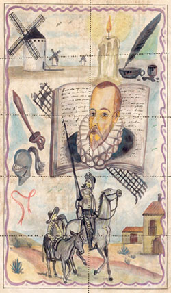 Pliegue de vales que tiene como dibujo de la parte posterior a El Quijote