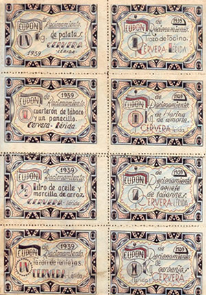 Cupón de racionamiento tamaño Din-A5. 1939. Cervera (Lérida)
